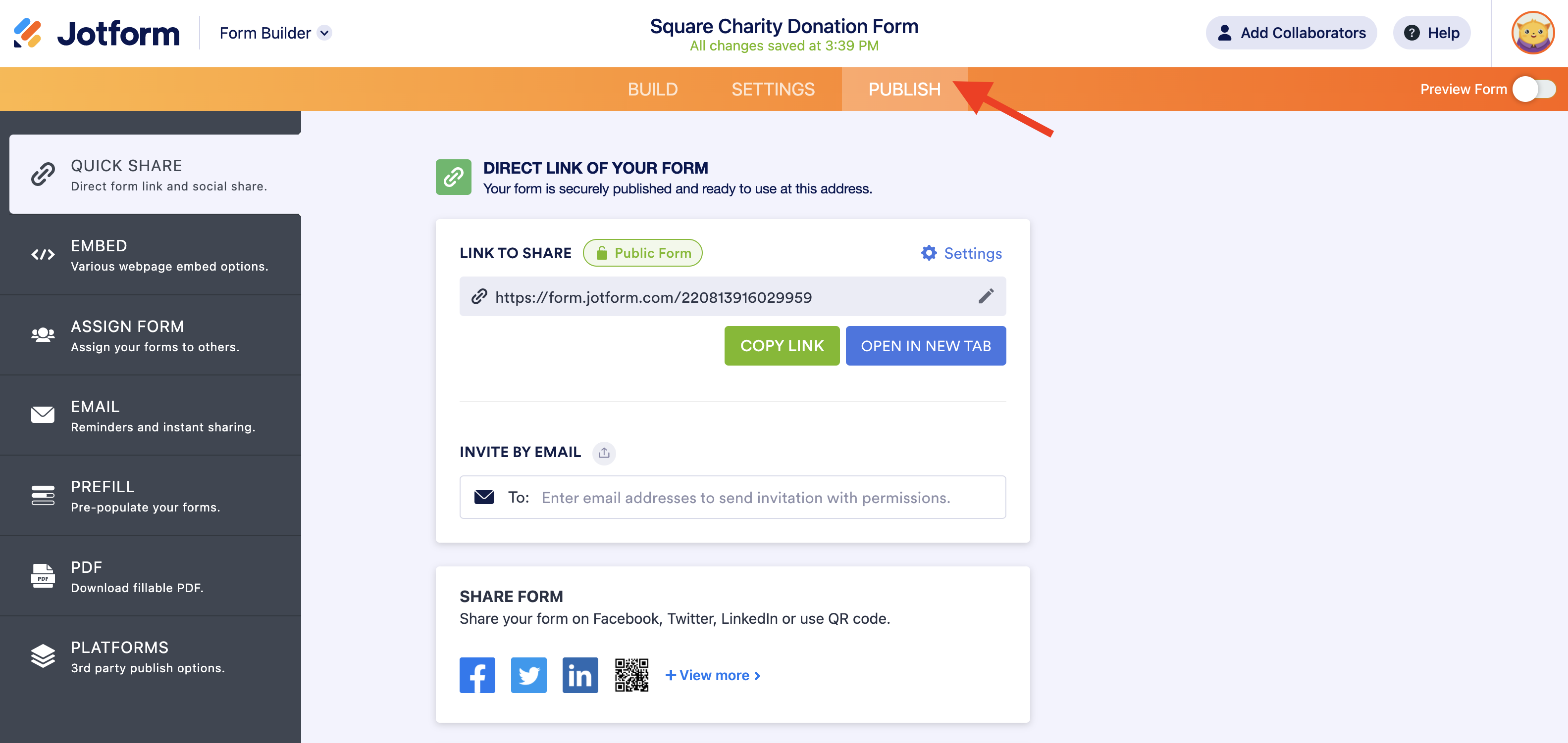 Screenshot of Form Builder Clicking on Publish in the Top Menu