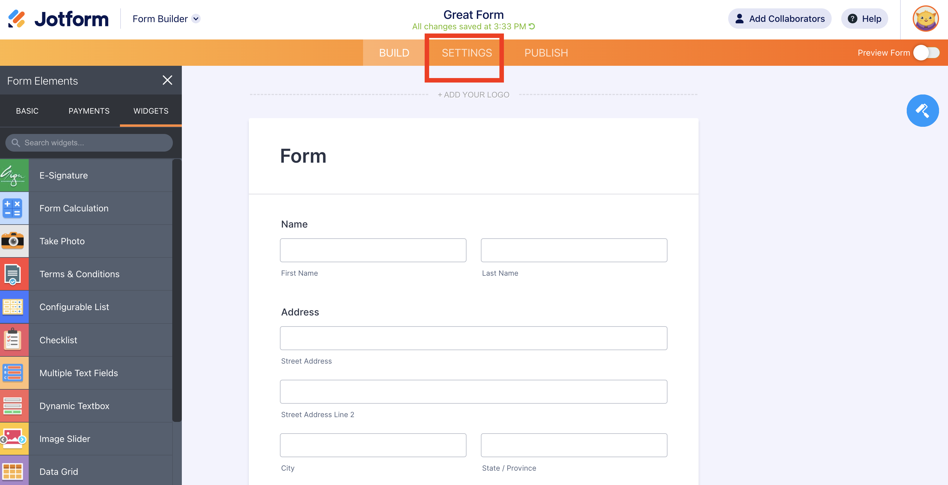 Screenshot of Form Builder Clicking on Settings Tab
