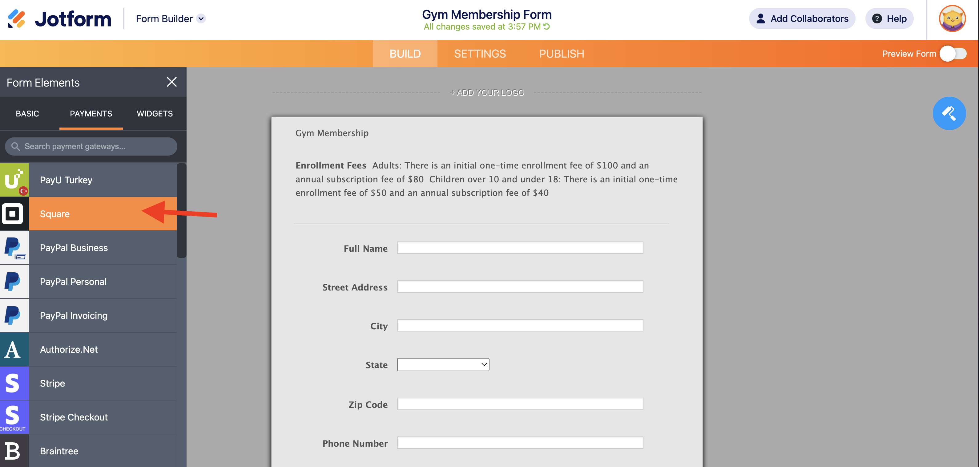 Screenshot of Form Elements Clicking on Square