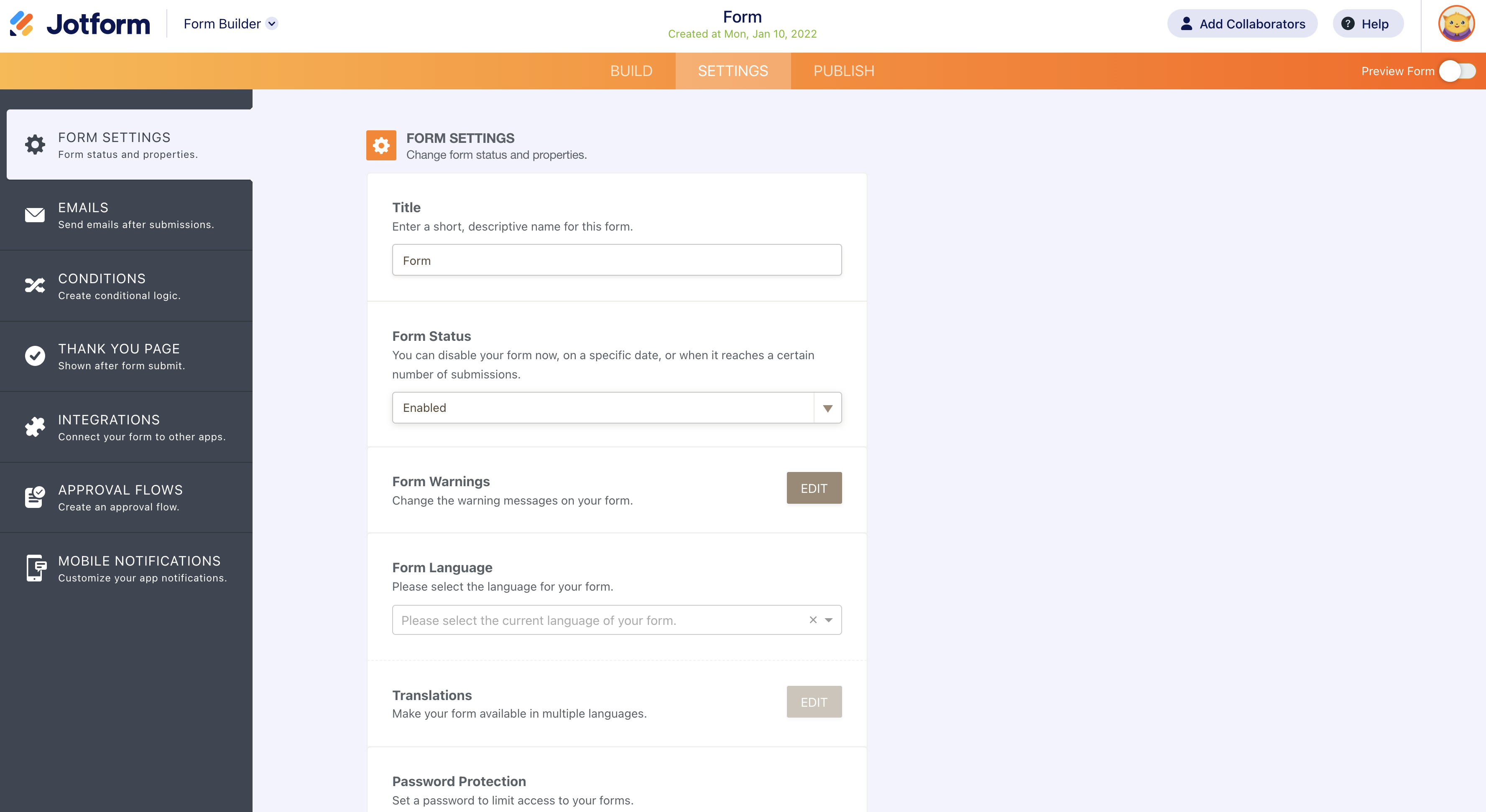 Screenshot of Form Settings in the Form Builder