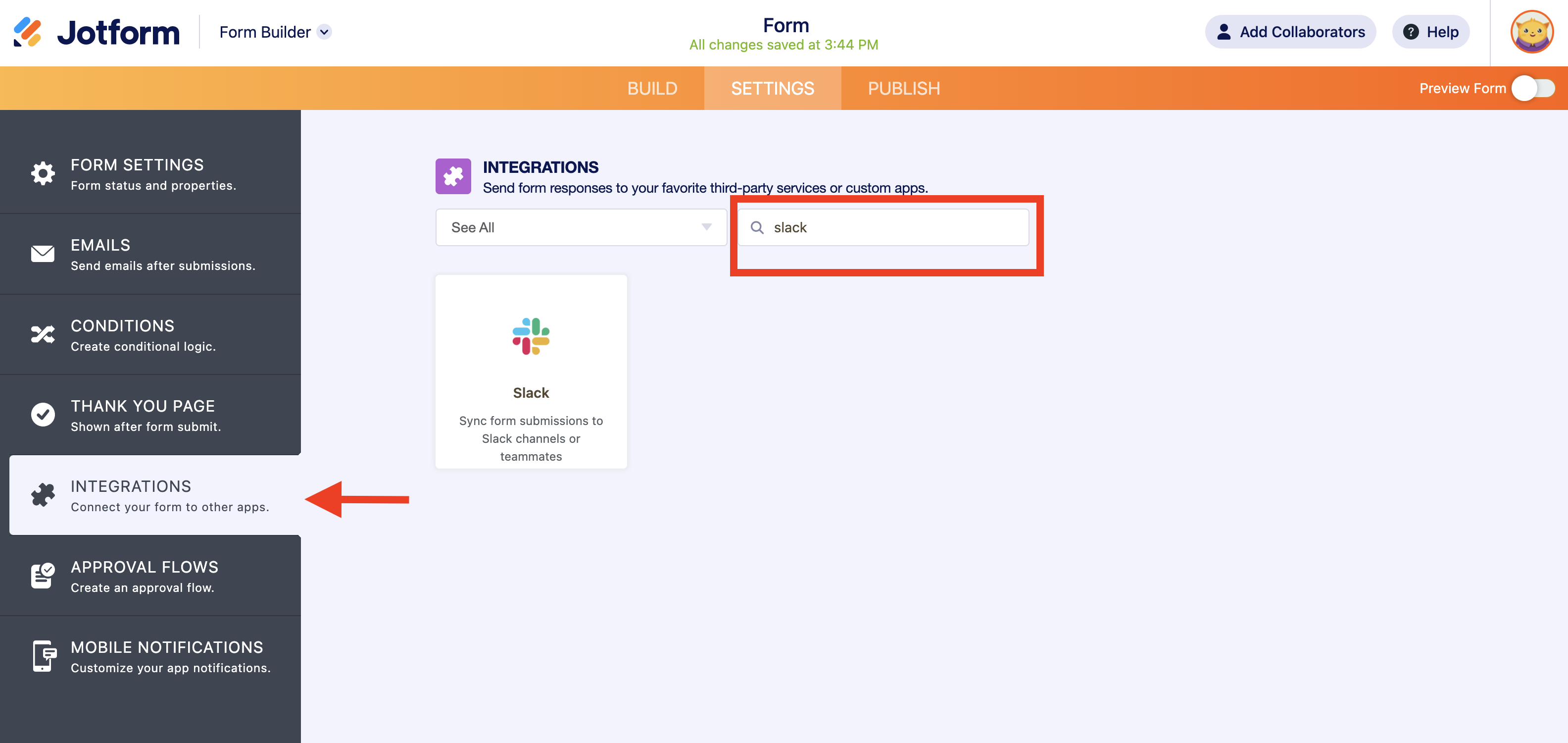 Screenshot of Integrations Page Searching for Slack