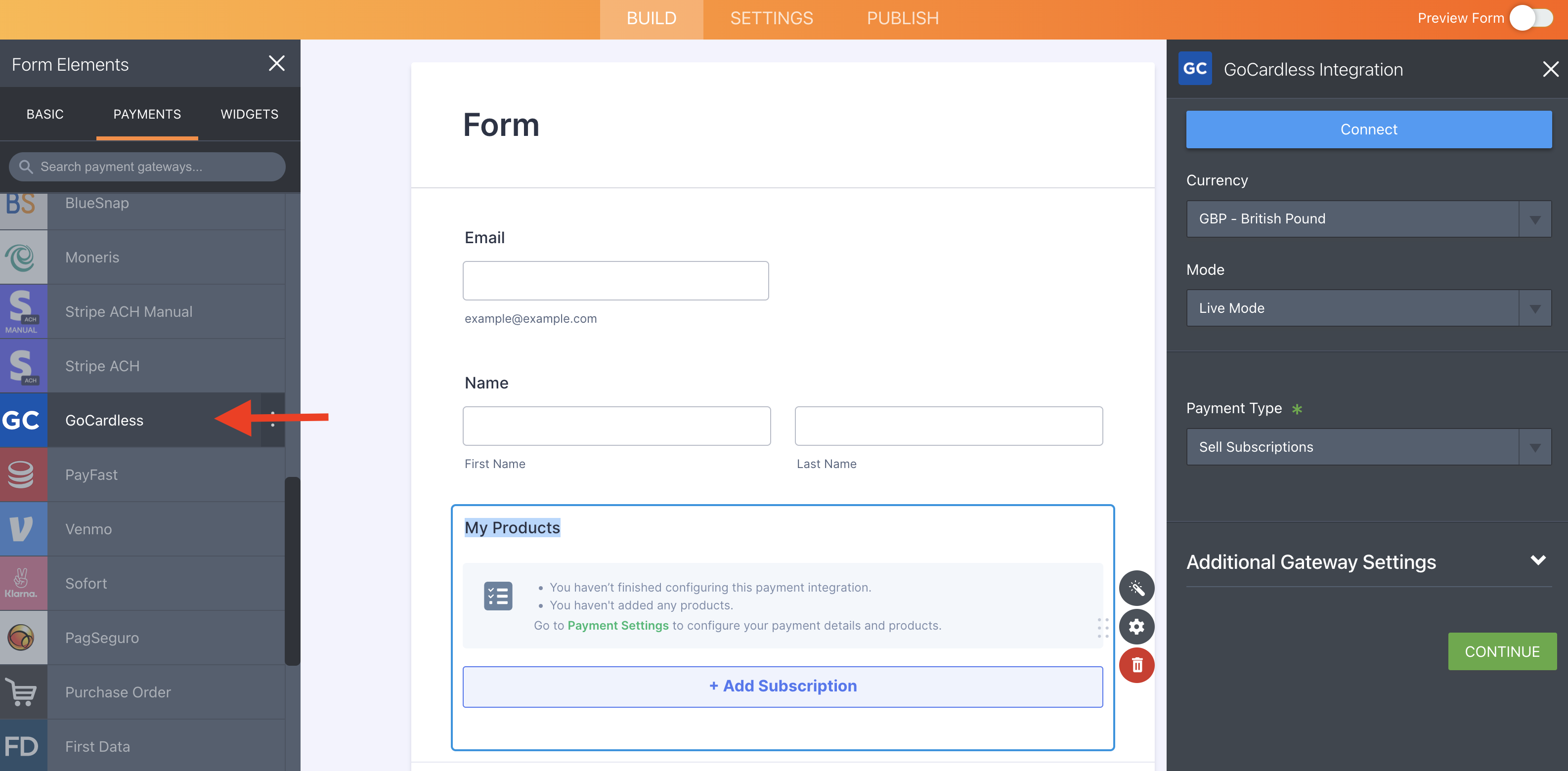 Screenshot of Form Elements Clicking on GoCardless
