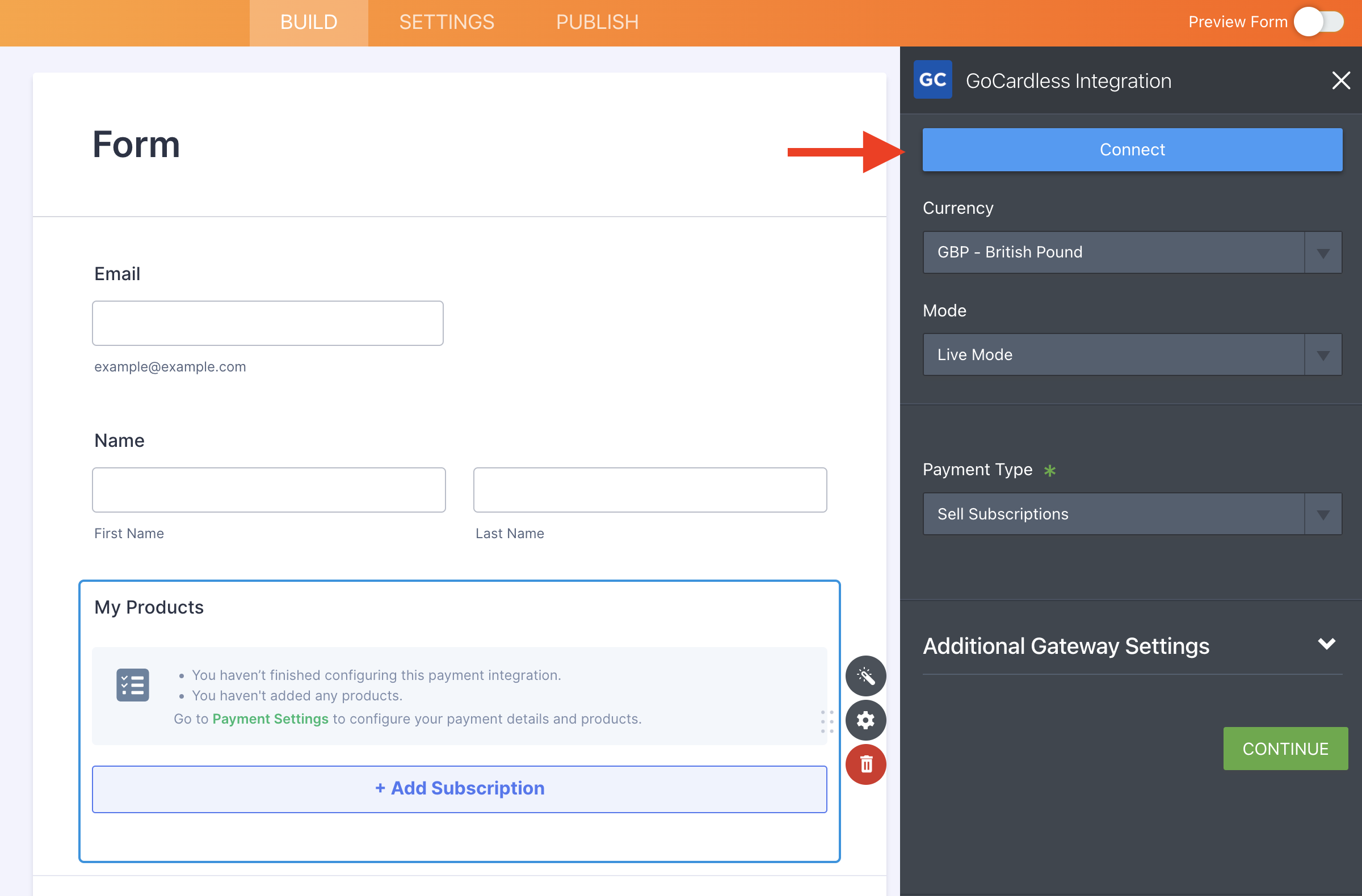 Screenshot of GoCardless Integration in Form Builder Clicking Connect 