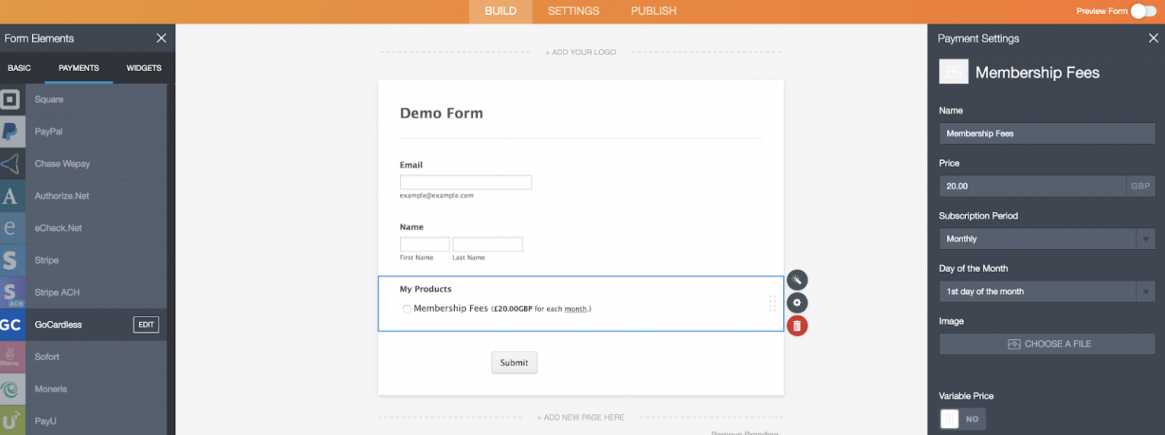 Screenshot of GoCardless Payment Settings Choosing the Amount of Money
