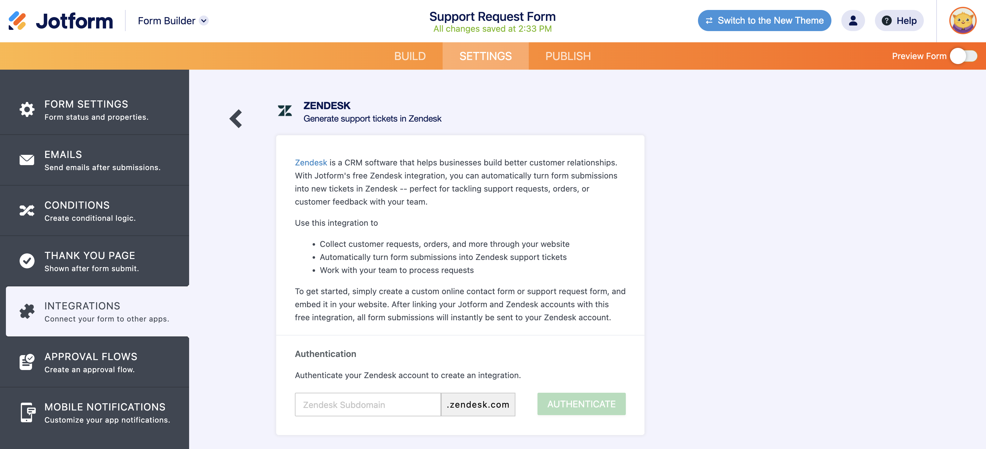Screenshot of Integrations Authenticate Zendesk Account