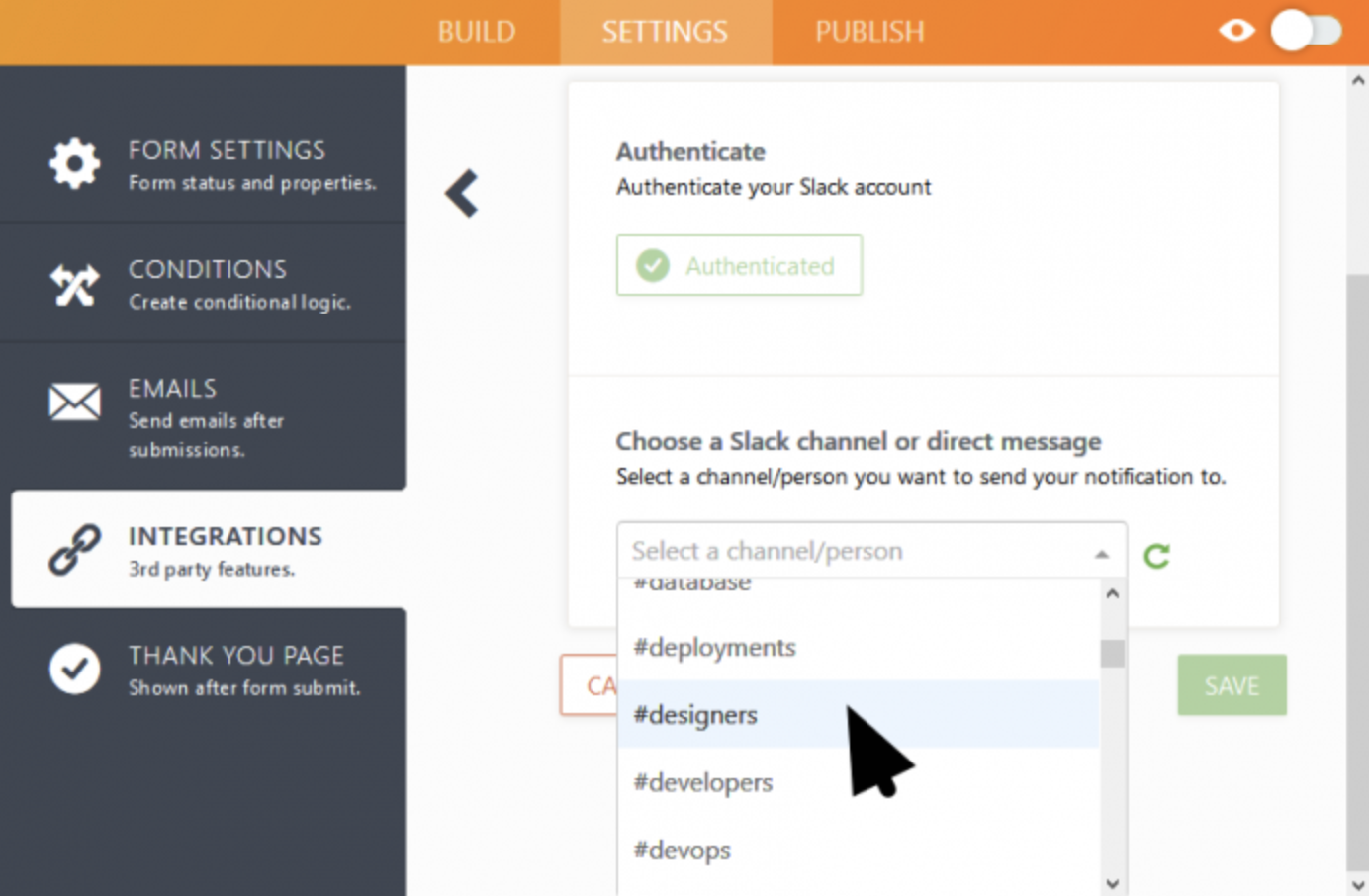 Screenshot of Integrations Page Choosing a Slack Channel or Direct Message