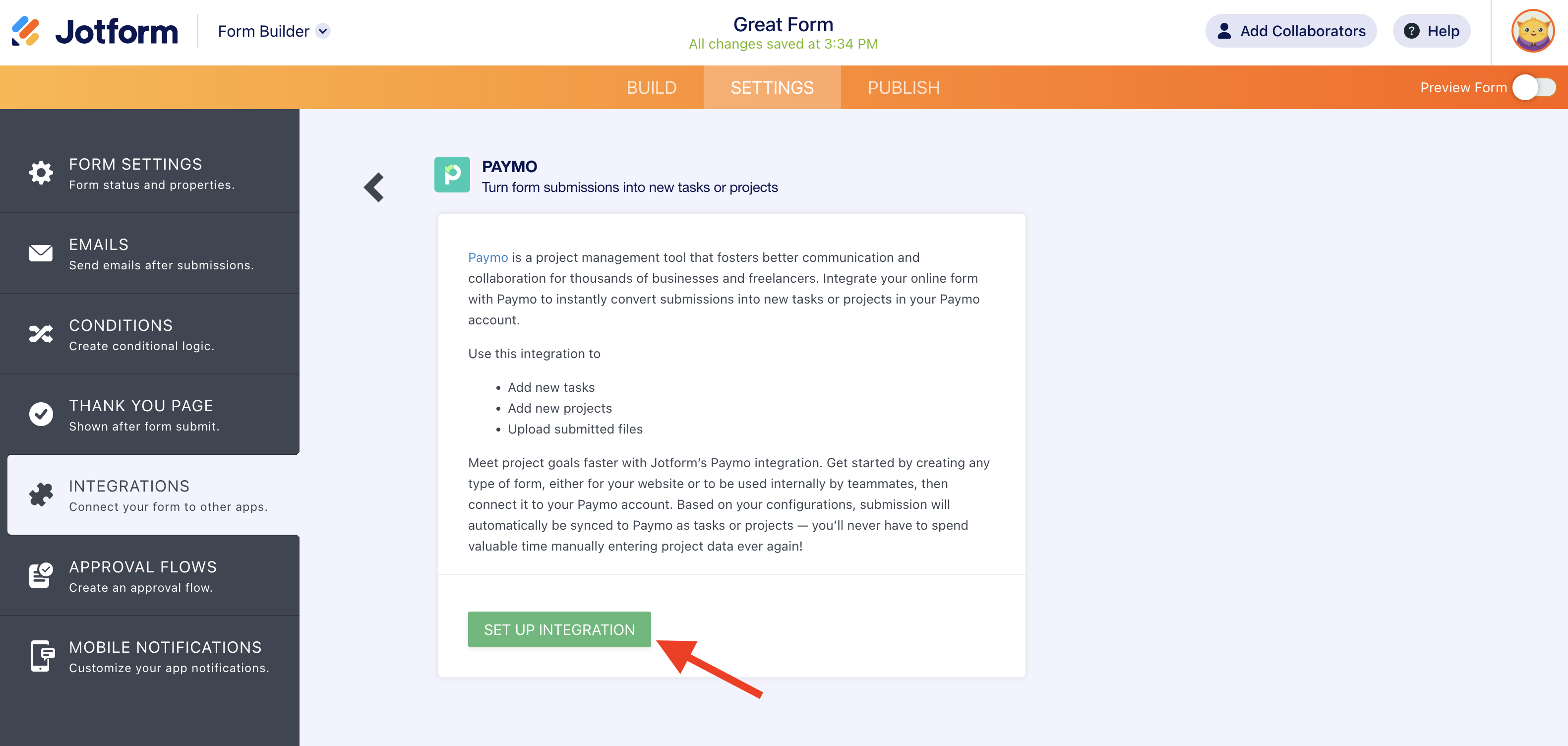 Screenshot of Integrations Tab Clicking on Set Up Integration for Paymo
