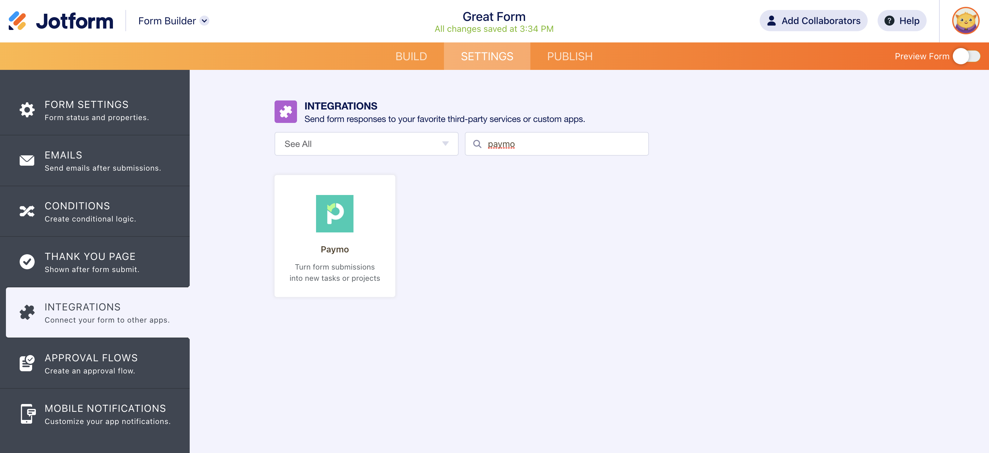 Screenshot of Integrations Tab Searching for Paymo