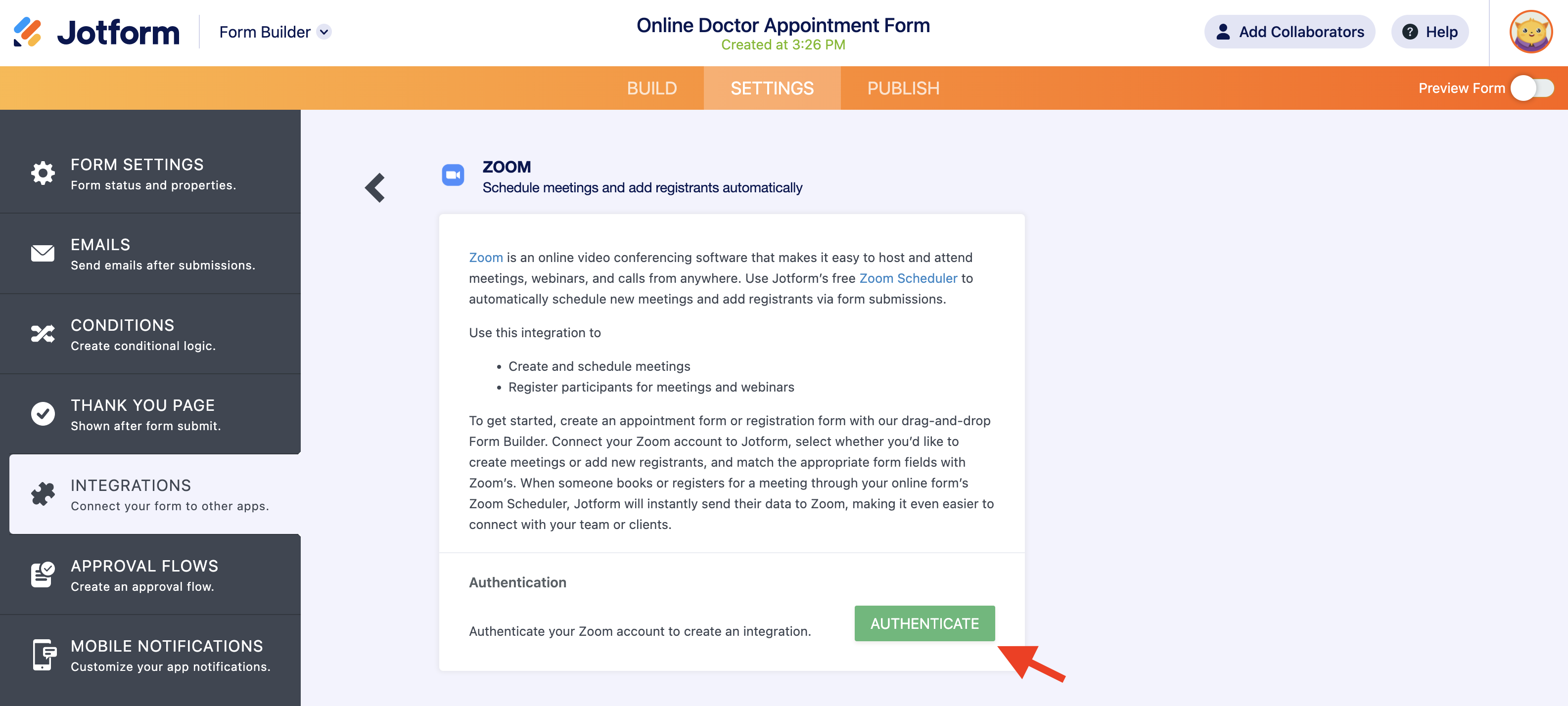 Screenshot of Zoom Integrations Page Clicking on Authenticate 