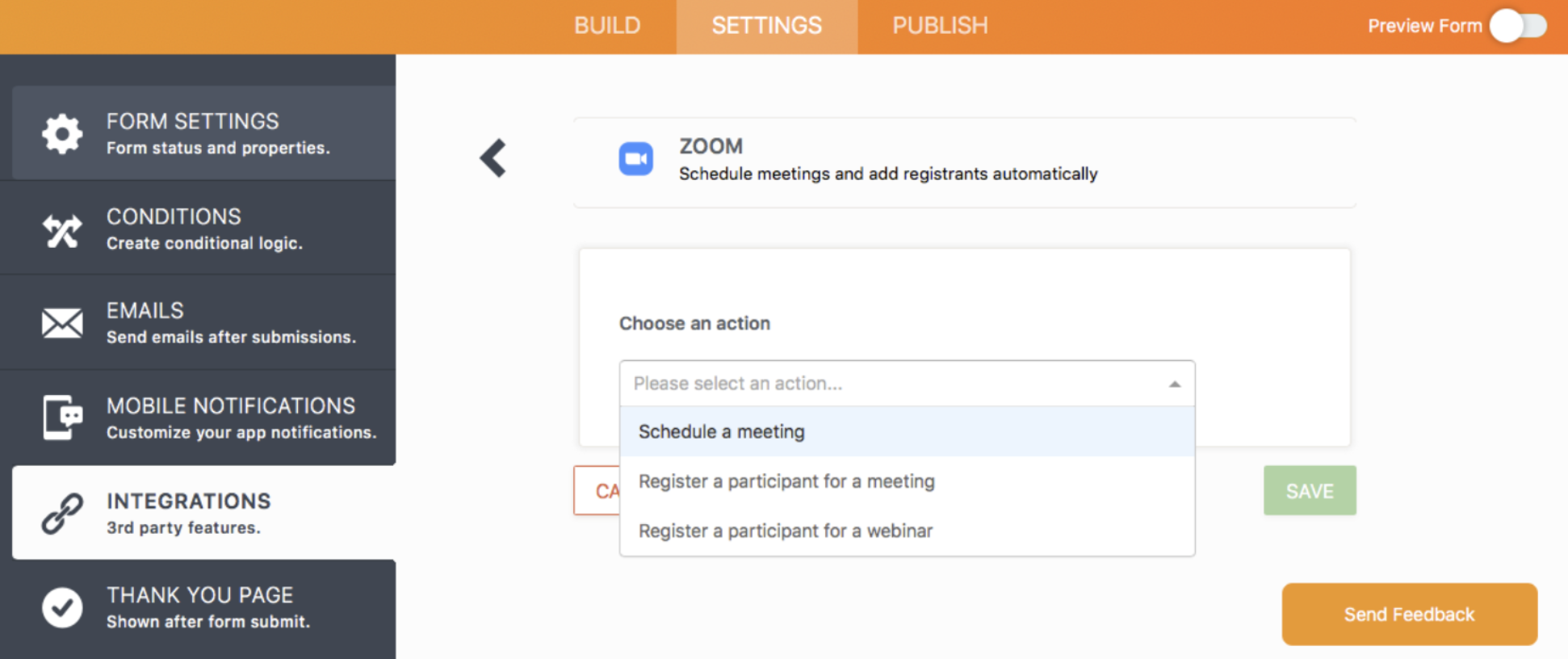 Screenshot of Zoom Integration Choosing an Action