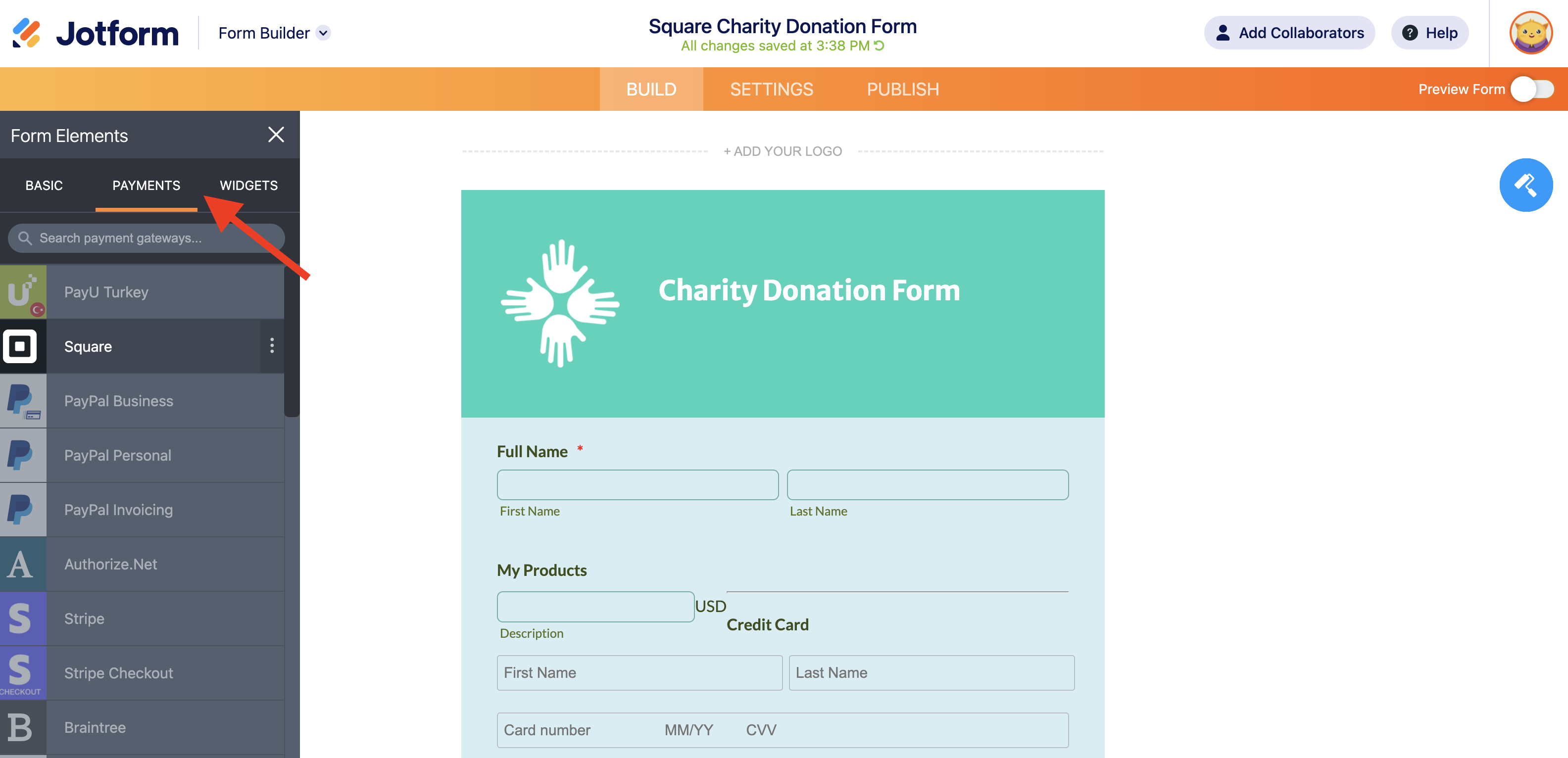 Screenshot of Payments in Form Elements Selecting Square