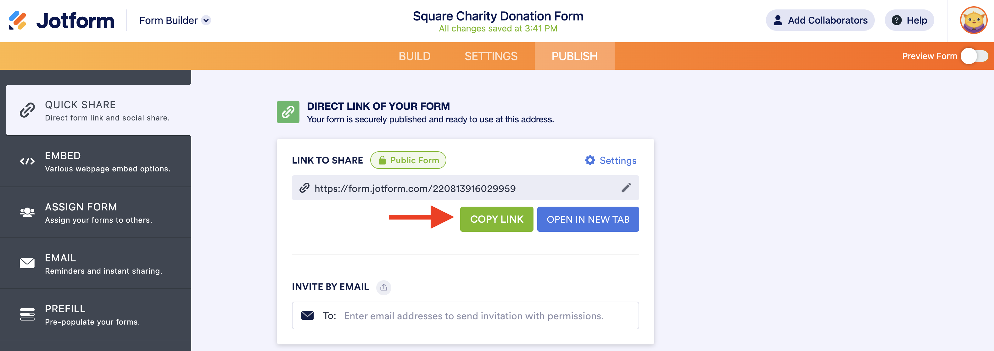 Screenshot of Publish Page Clicking on Copy Link
