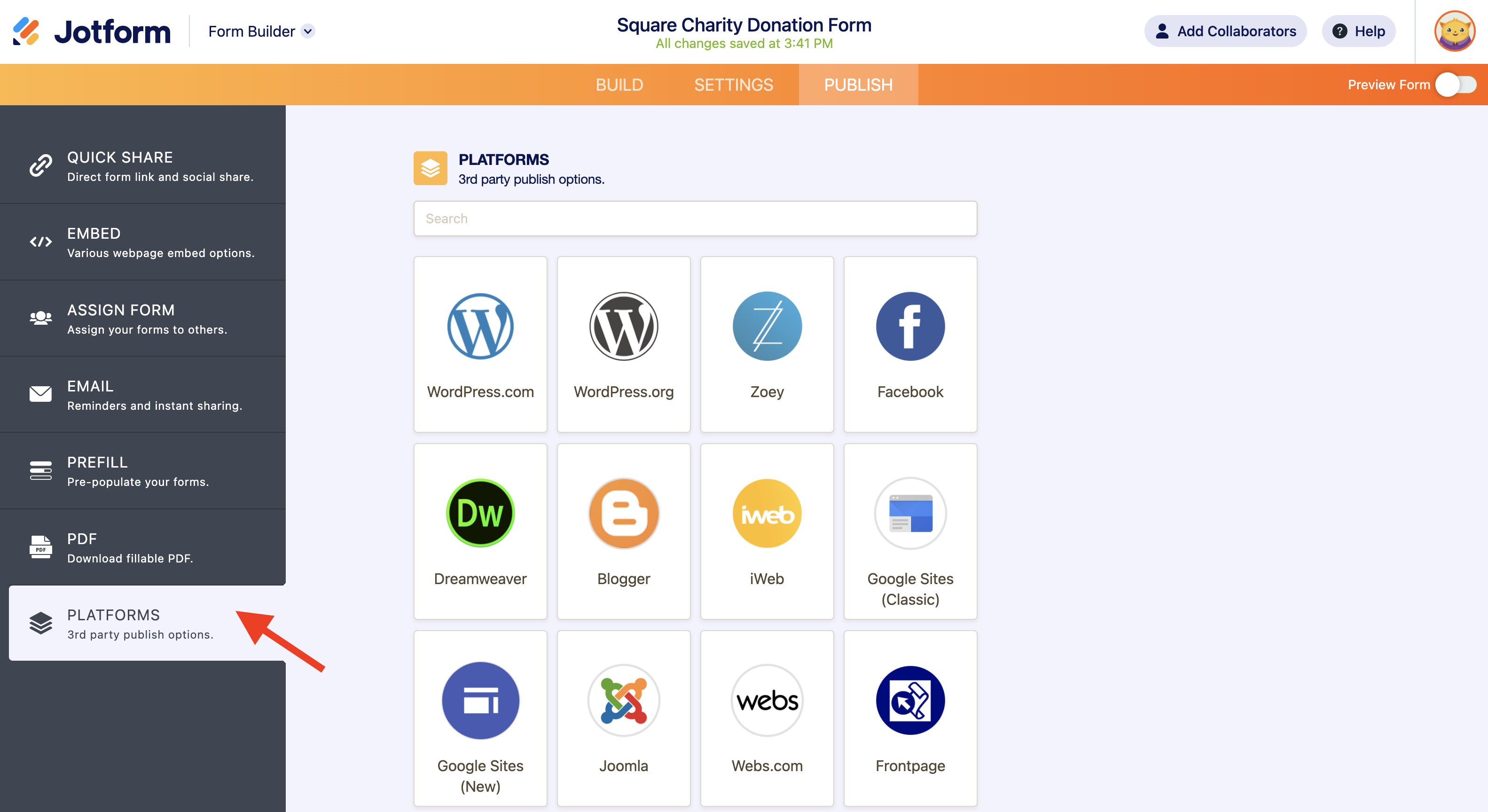 Screenshot of Publish Page Clicking on Platforms Option