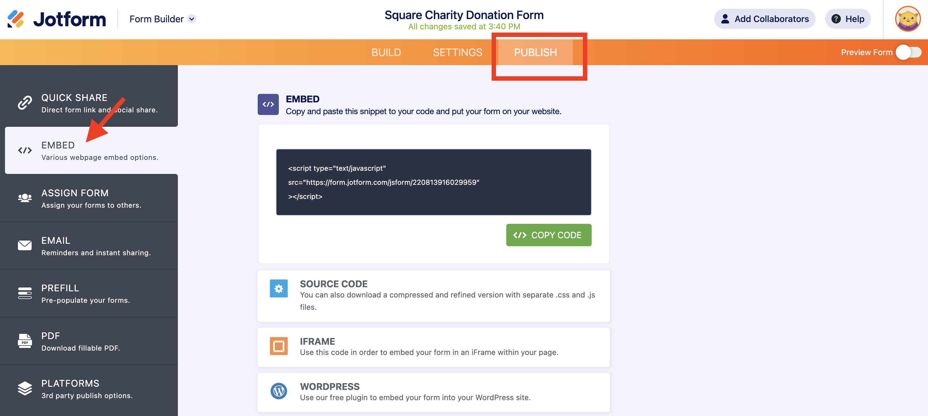 Screenshot of Publish Page Clicking on Embed Tab