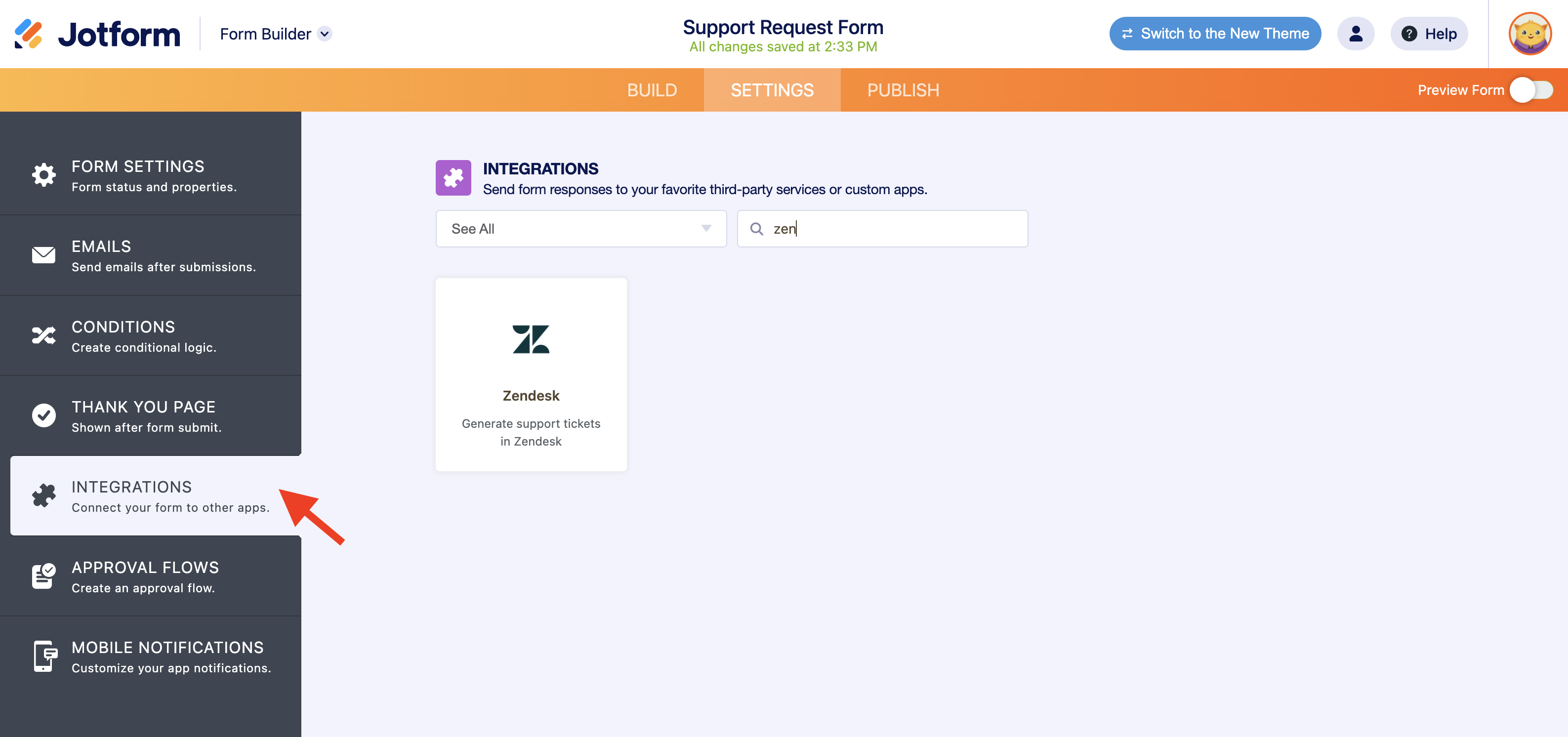 Screenshot of the Settings Page Clicking on Integrations