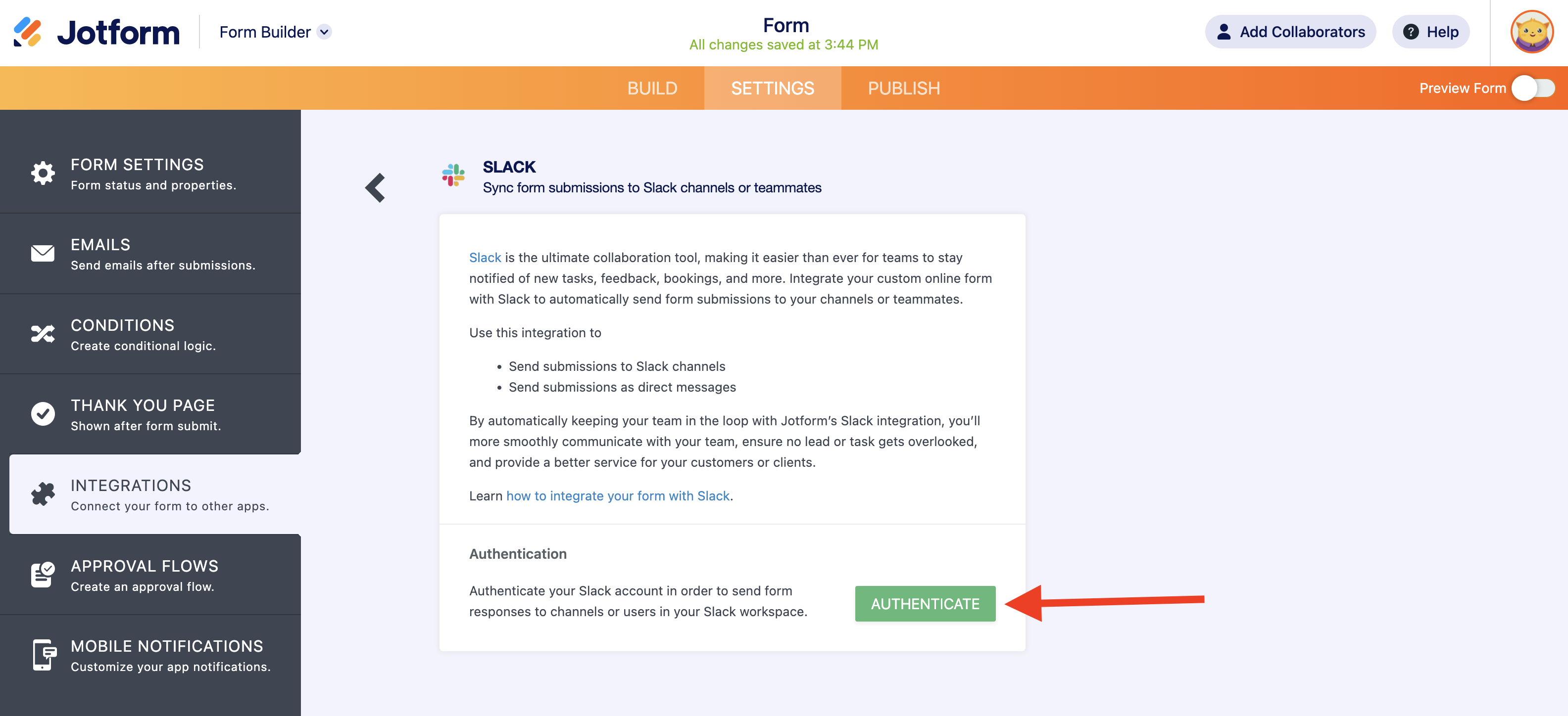Screenshot of Integrations Page Authenticating Slack Account