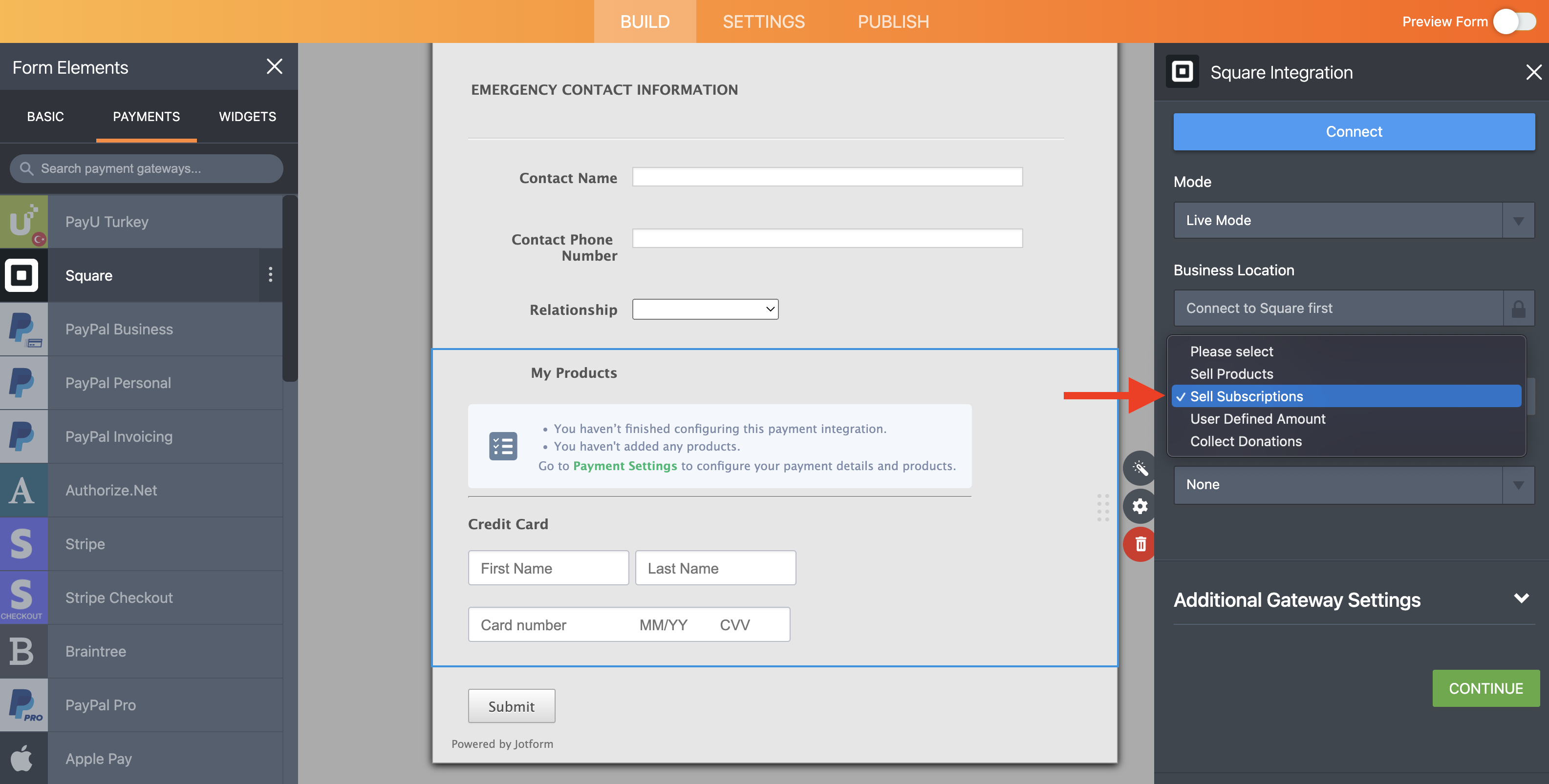 Screenshot of Square Integration Clicking on Sell Subscriptions