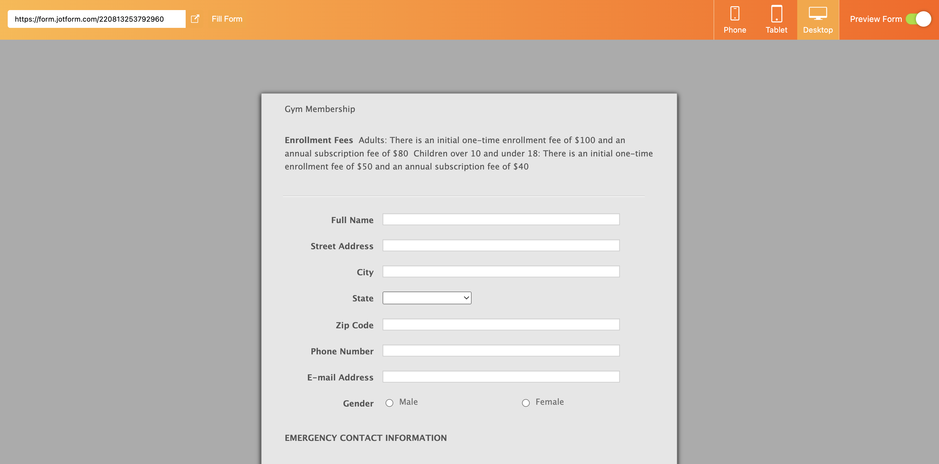 Screenshot of Gym Membership Form with Square Integration