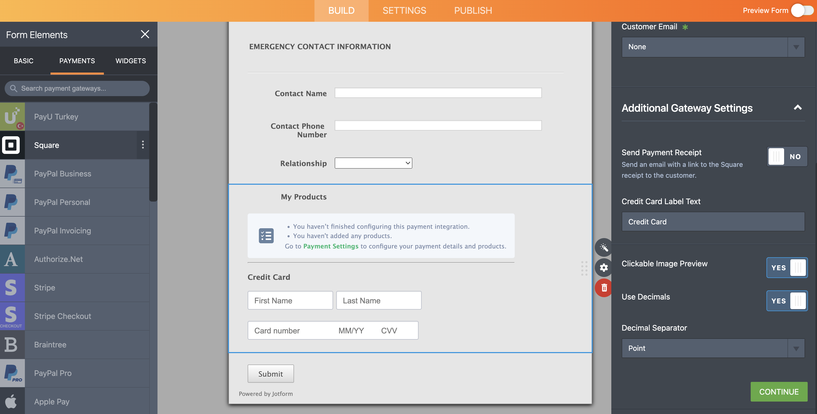 Screenshot of Square Integration Setting Payment Details