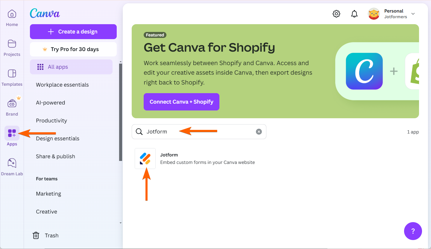 Buscar la aplicación Jotform para Canva en el sitio web de Canva