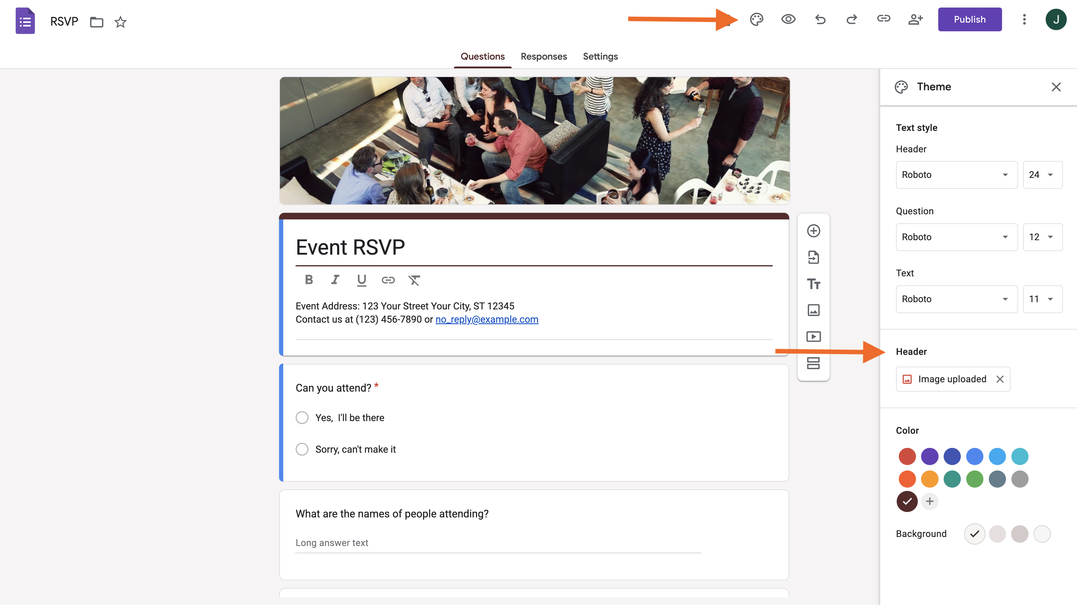 A screenshot of an event RSVP form with questions and a header image featuring a social gathering, alongside theme customization options