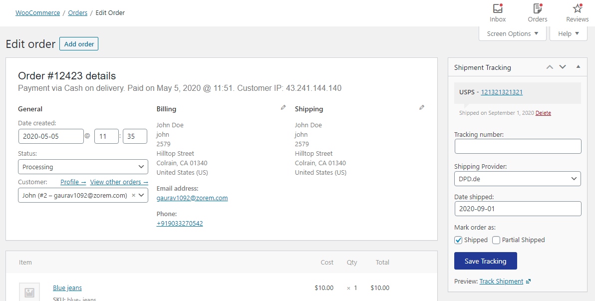 screenshot of advanced shipment tracking