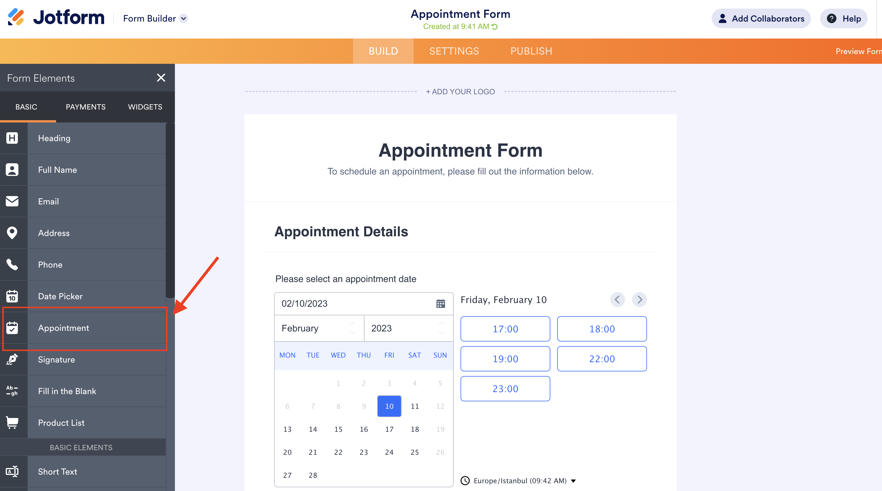 Appointment field in the Jotform Form Builder