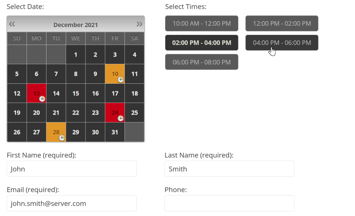 screenshot of booking calendar