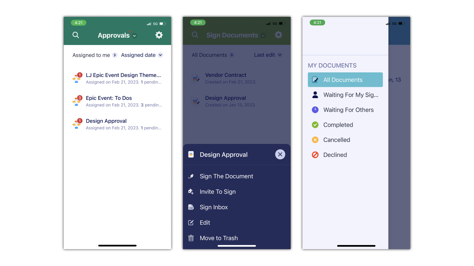 Screenshots from Jotform Enterprise Mobile App Showing Approval Projects and My Documents