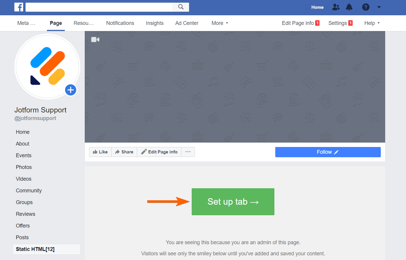 Facebook page showing the Static HTML app with a button to set up the tab
