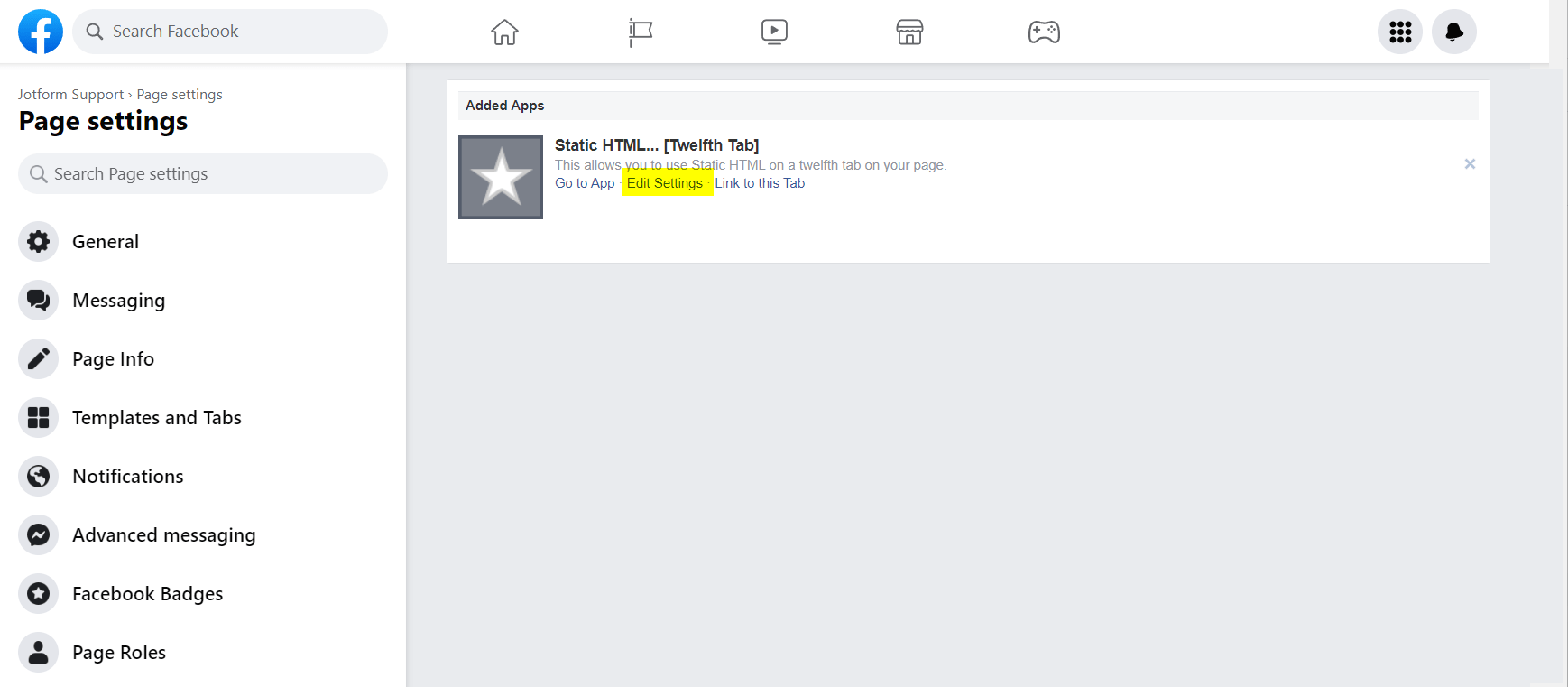 Facebook page settings showing an option to edit a custom tab name
