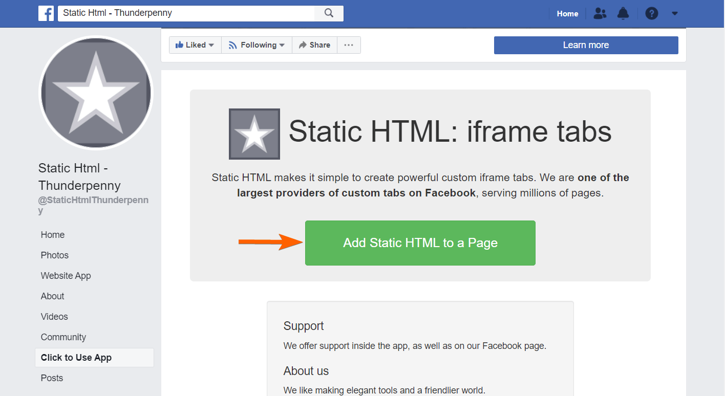 Static HTML iframe tabs on Facebook showing tab with a button to add the custom tab
