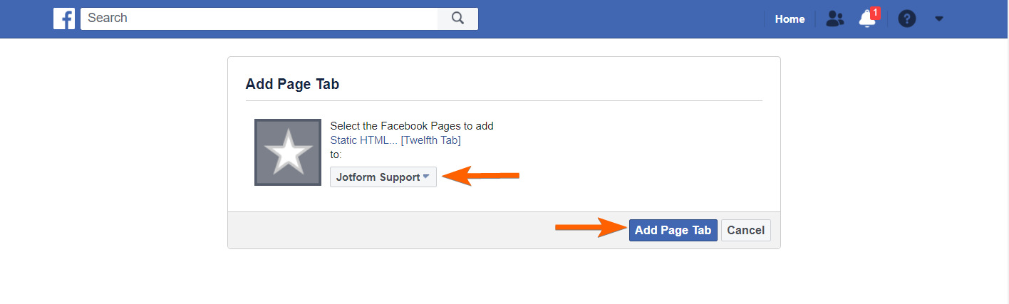 Add page tab dialog with dropdown to choose a Facebook page and a button to add the page tab