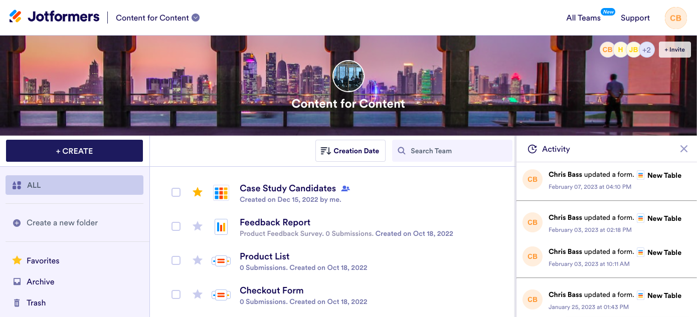 Screenshot of Jotform Teams Dashboard