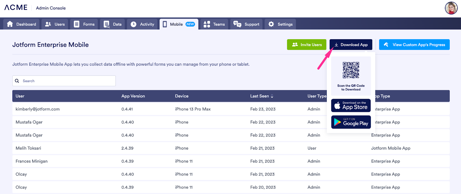 Screenshot of Admin Console Clicking on Download App