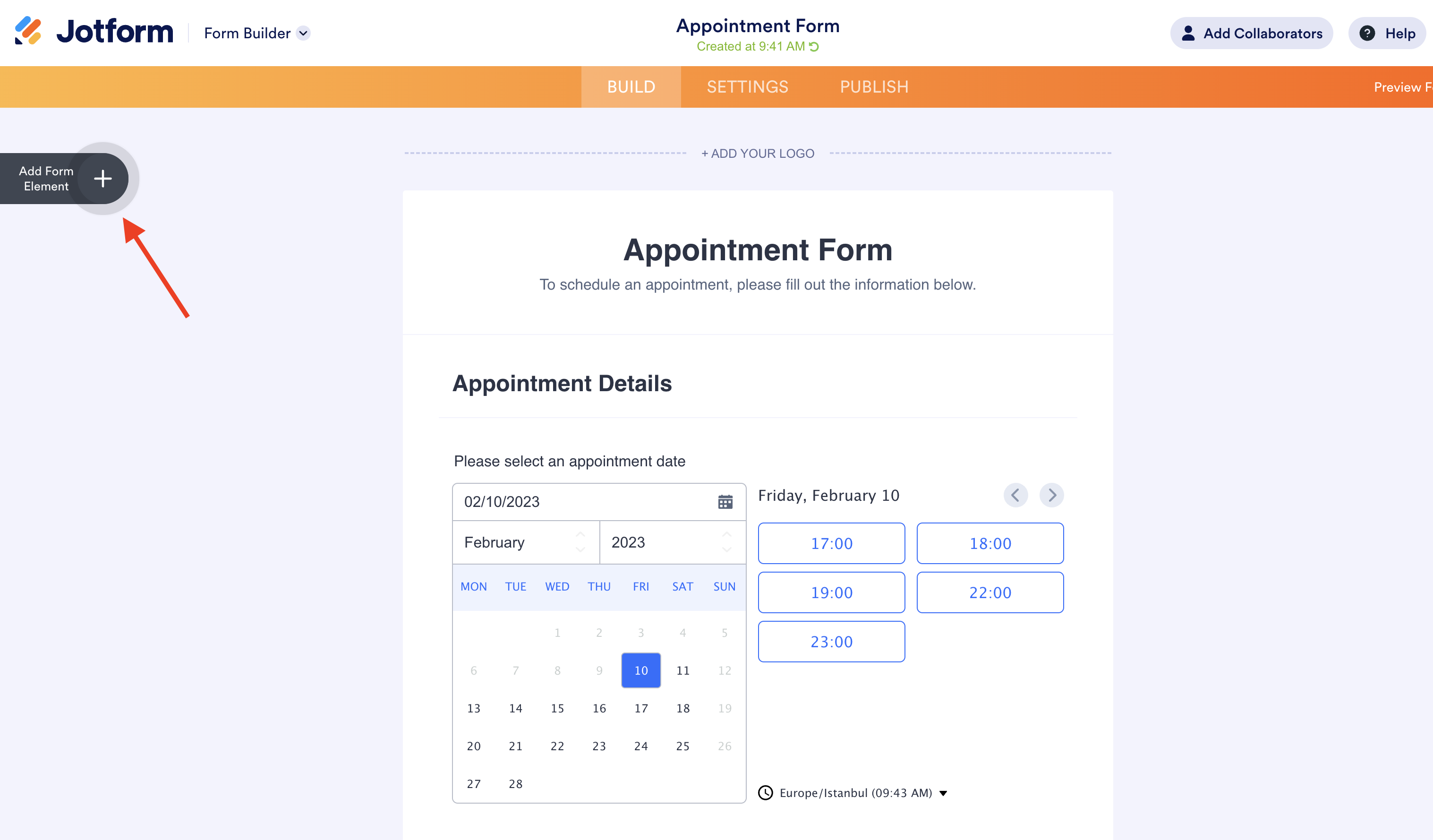 Screenshot of the Form Builder Clicking on Add Form Element