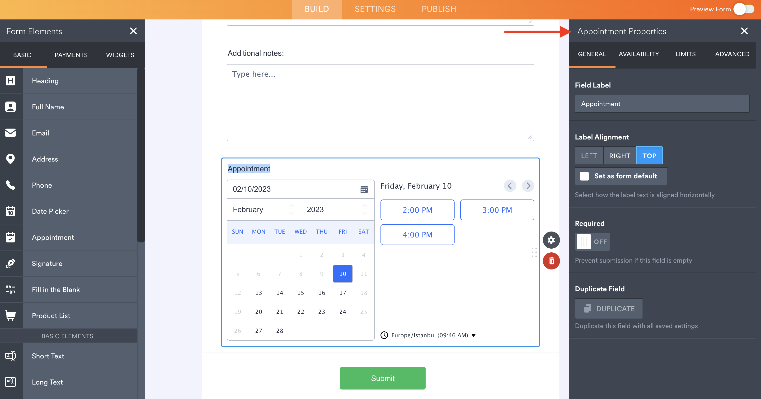 Screenshot of the Form Builder Clicking on the Properties of Appointment Field