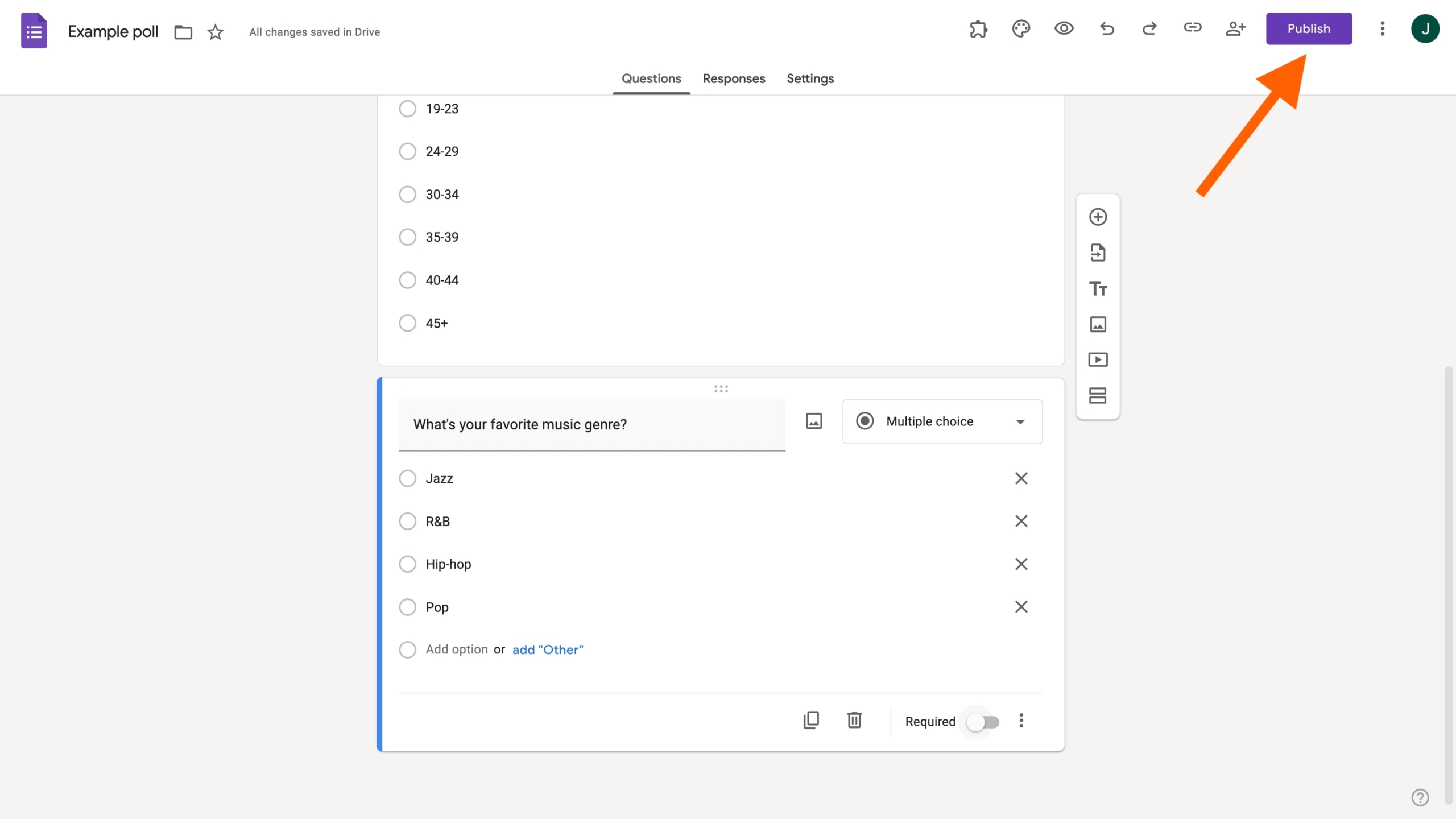Clicking on the Publish button on Google Forms