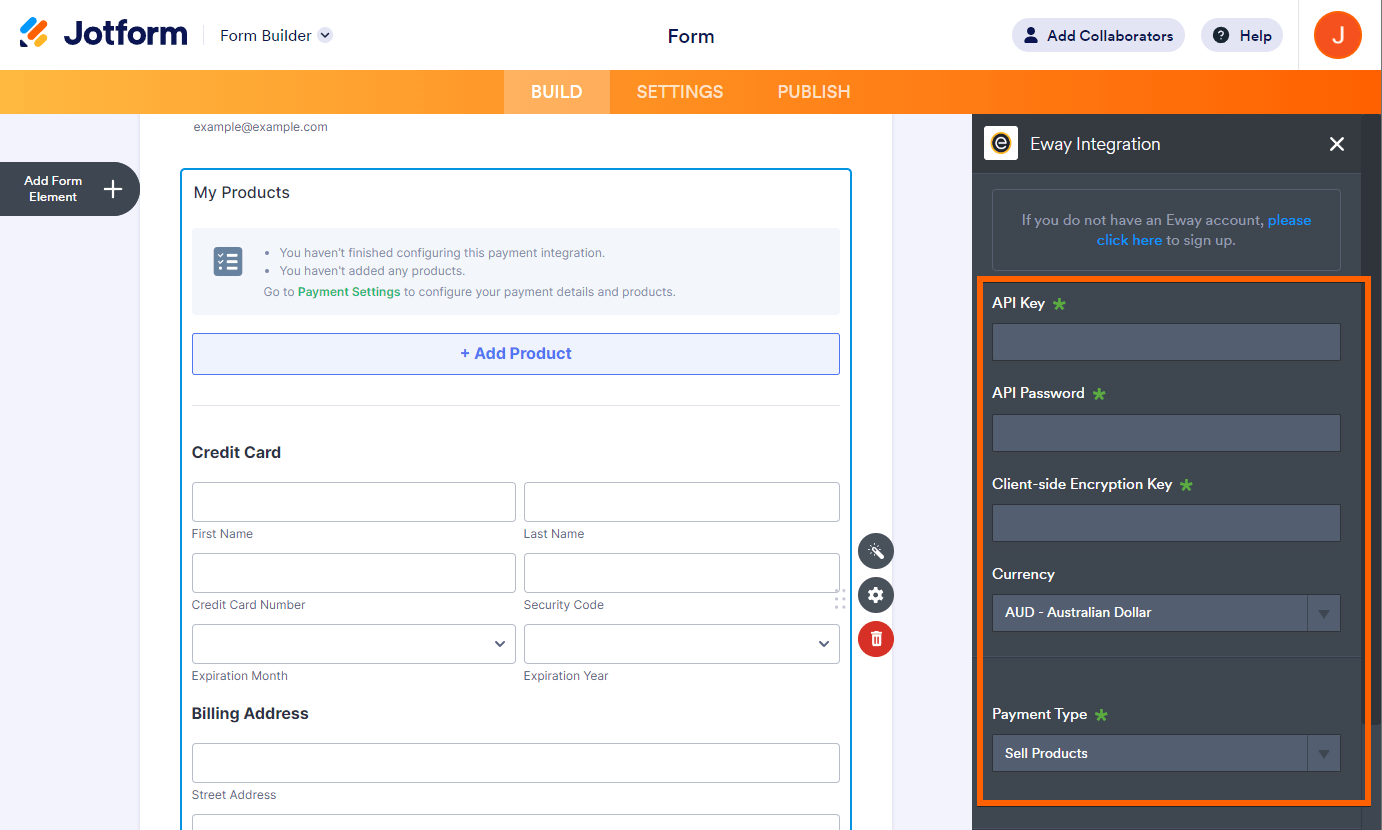 Integración de Jotform con Eway mostrando su configuración para proporcionar la Clave API y Contraseña, Clave de Cifrado del Lado del Cliente