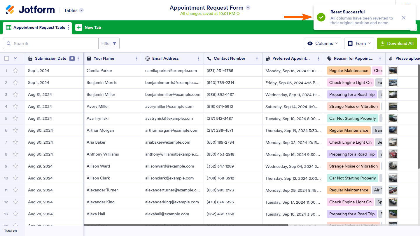 Column reset successful message in Jotform Tables