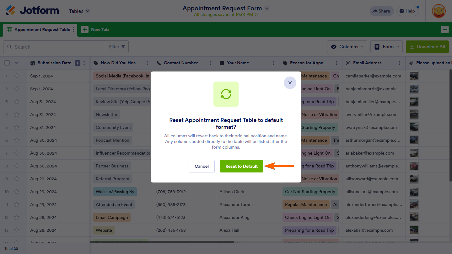 Reset to default button in the confirmation modal of the Jotform Tables