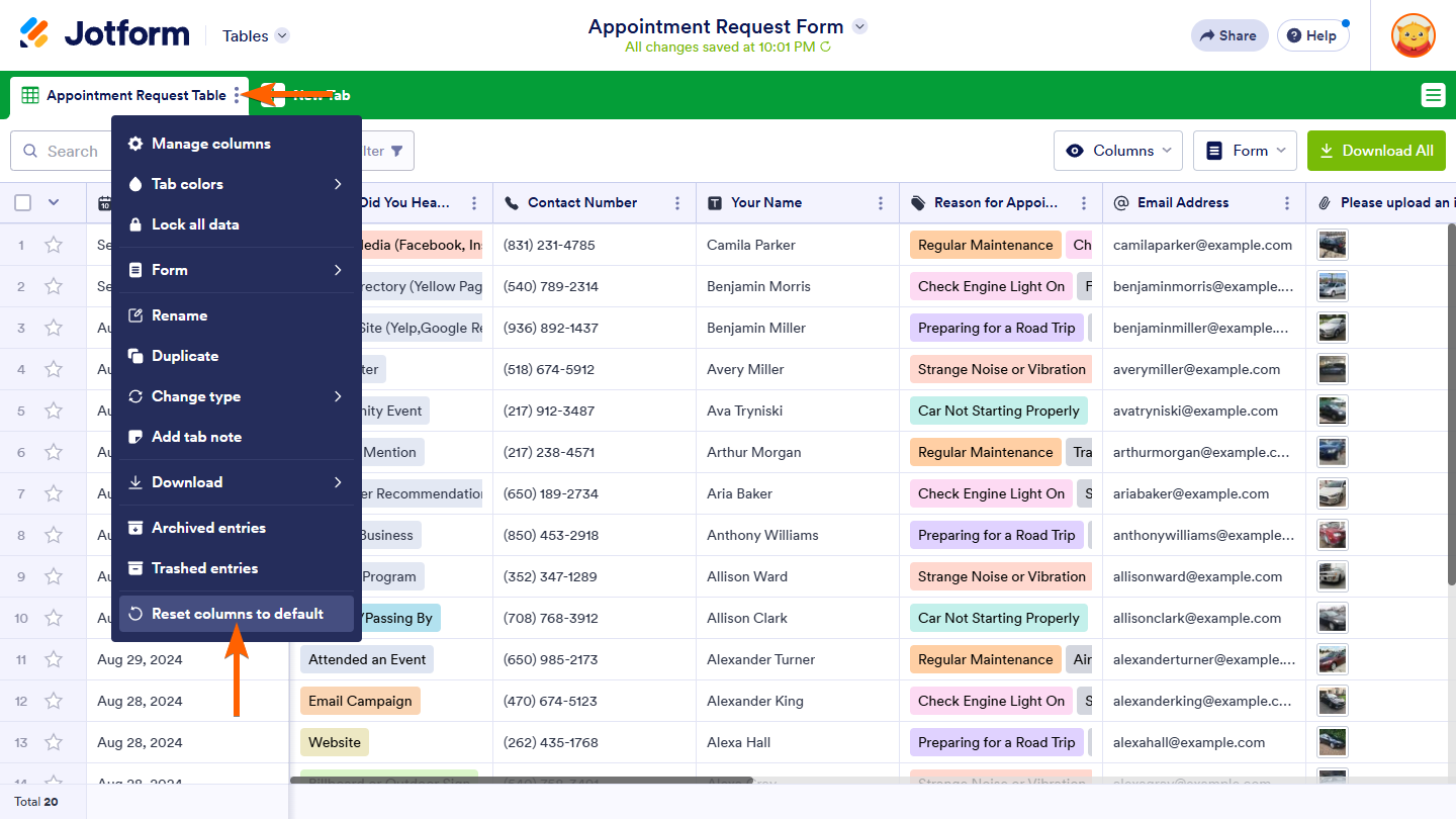 Reset columns to default options in the Jotform Tables tab menu