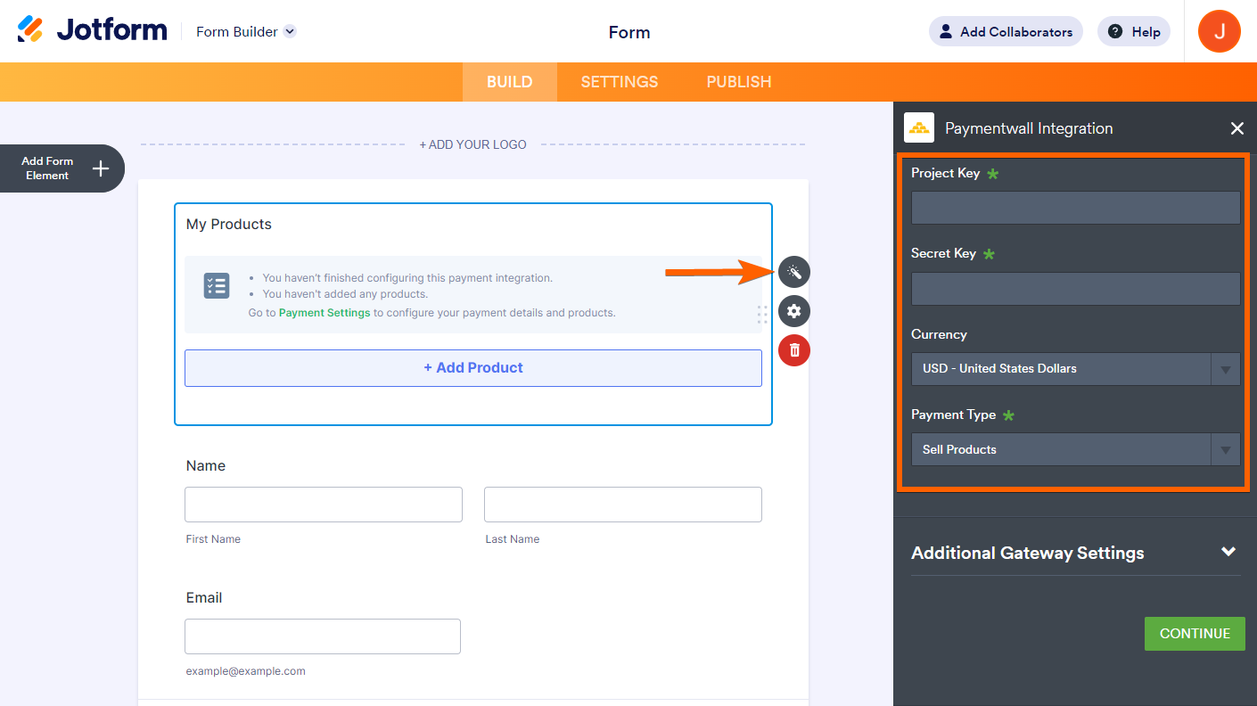 Configuraciones de Pago de la integración de Paymentwall mostrando las casillas para las Claves del Proyecto y Secretas y los menús desplegables para Moneda y Tipo de Pago