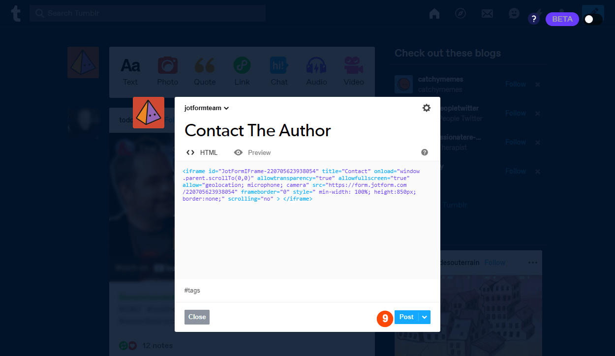 Gambar-6 Menambahkan Formulir ke Tumblr