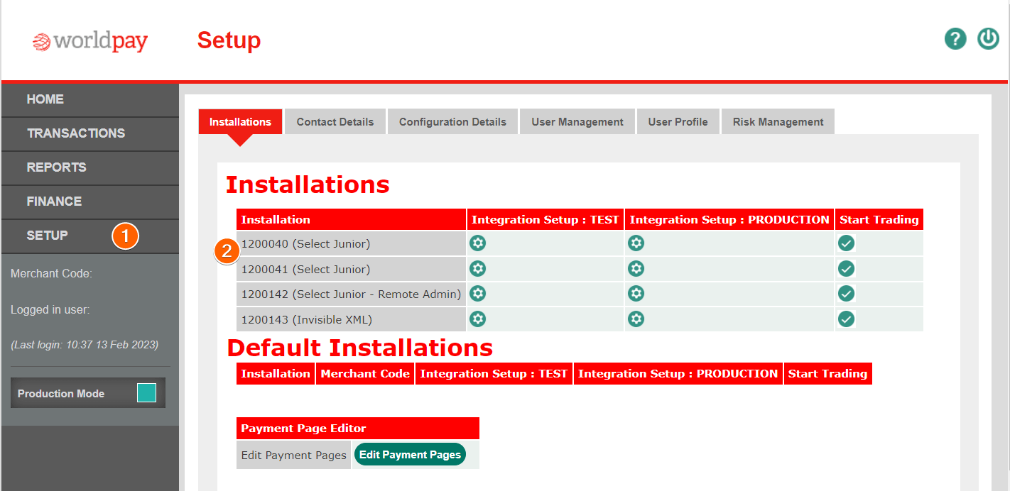 Screenshot of the Worldpay UK dashboard showing the Installation IDs