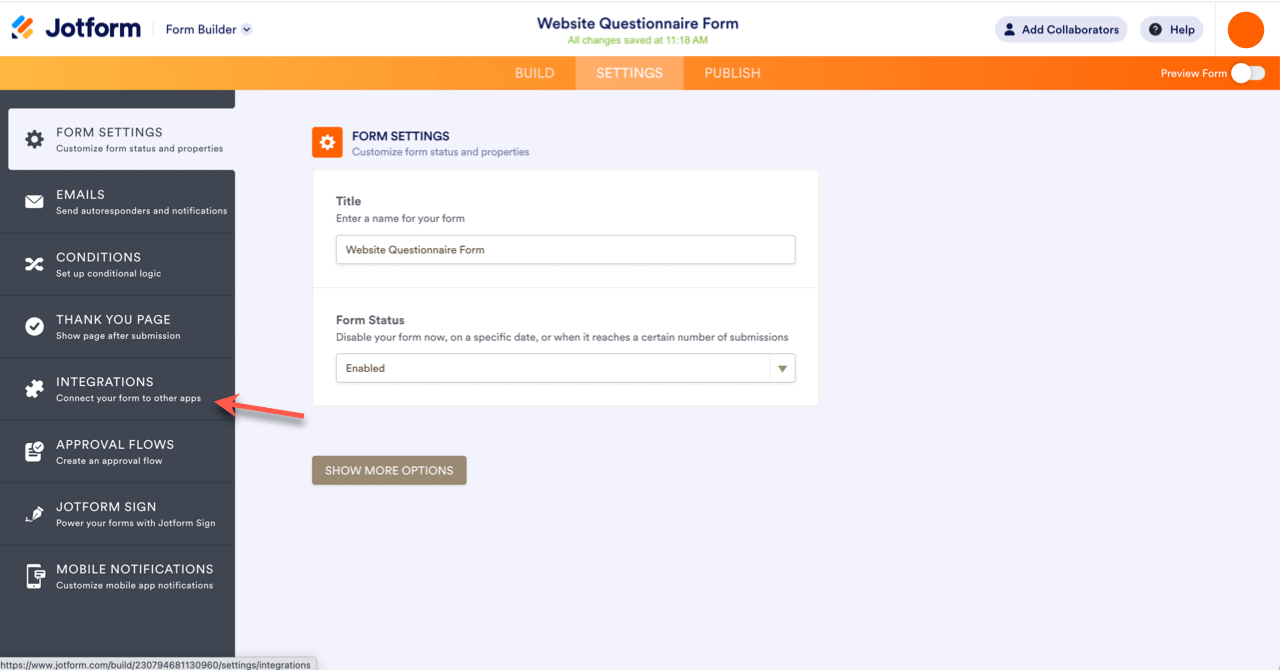 Form Builder with an arrow pointing to the integrations tab