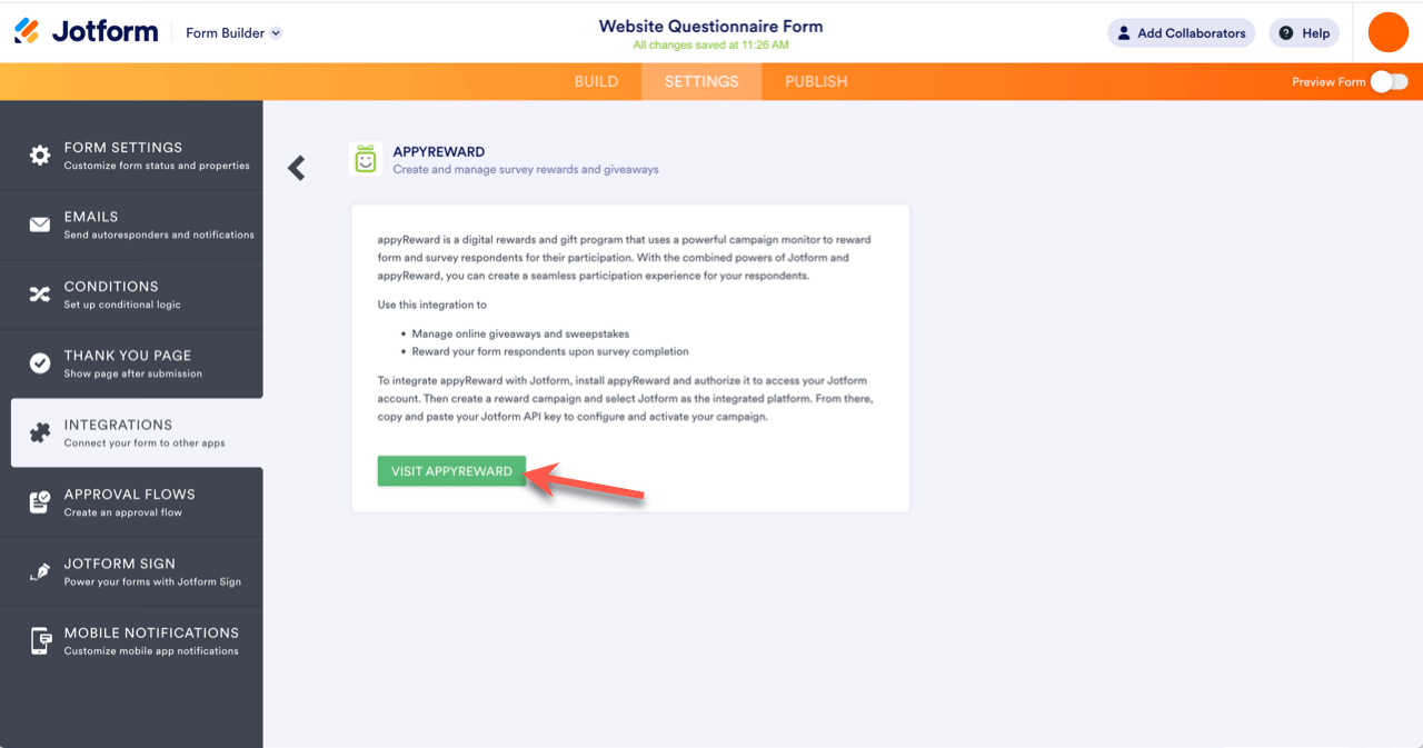 Integrations tab with an arrow pointing to the visit appyReward button