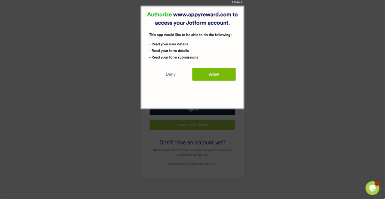 Modal window asking the user to authorize access to their Jotform account
