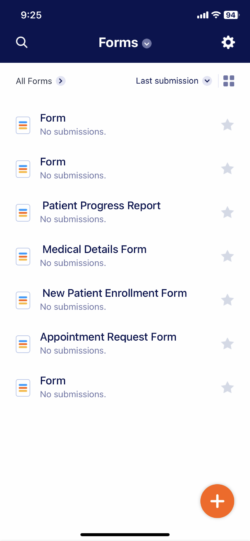 Screenshot of the Jotform Enterprise Mobile app dashboard displaying a list of forms created by Enterprise users