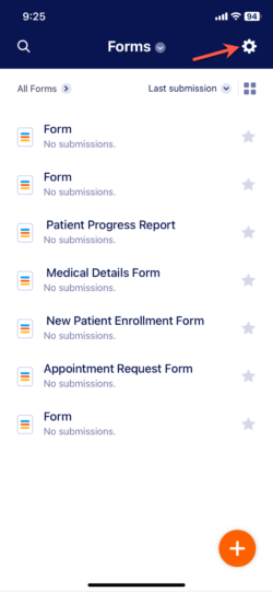 Screenshot of the Jotform Enterprise Mobile app dashboard displaying a gear icon on the top right corner of the screen
